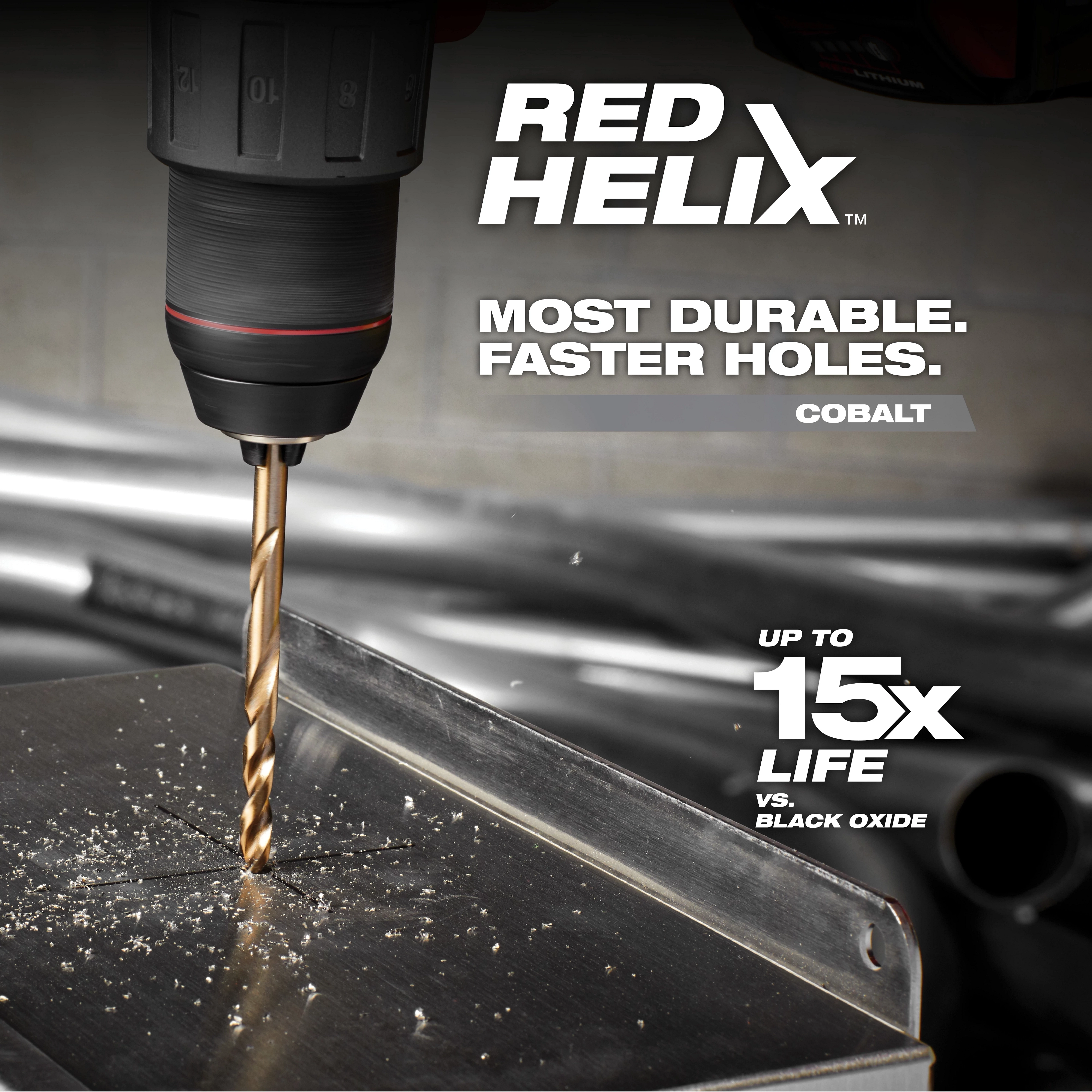 The Red Helix Cobalt drill bit offers increased durability and faster drilling. It provides up to 15 times longer life compared to black oxide drill bits. The image displays the drill bit actively cutting through metal, highlighting its robust and efficient performance qualities.
