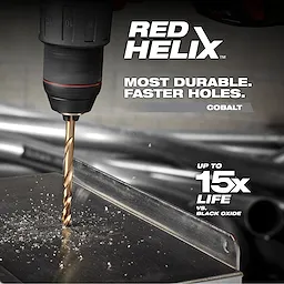 The Red Helix Cobalt drill bit offers increased durability and faster drilling. It provides up to 15 times longer life compared to black oxide drill bits. The image displays the drill bit actively cutting through metal, highlighting its robust and efficient performance qualities.