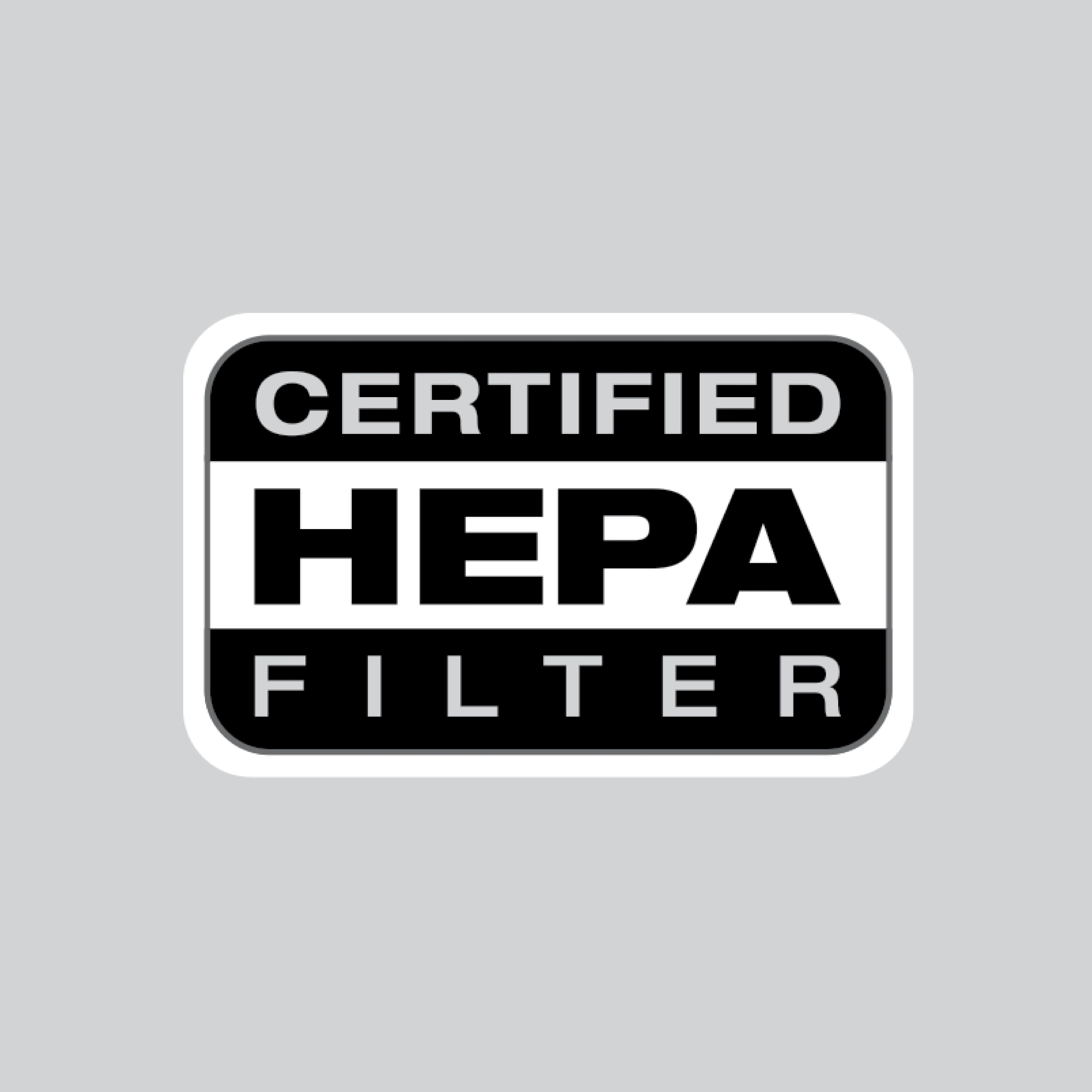 This image shows a black and white label with the text "Certified HEPA Filter." "CERTIFIED" is at the top, "HEPA" is in the middle within a white band, and "FILTER" is at the bottom.