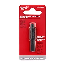 The ONE-PIECE CARBIDE HOLE CUTTER PILOT BIT is packaged on a red and silver card labeled "Carbide Hole Cutter Pilot Bit". The black pilot bit is encased in clear plastic, indicating use with carbide hole cutters. Text on the packaging is in English, Spanish, and French.