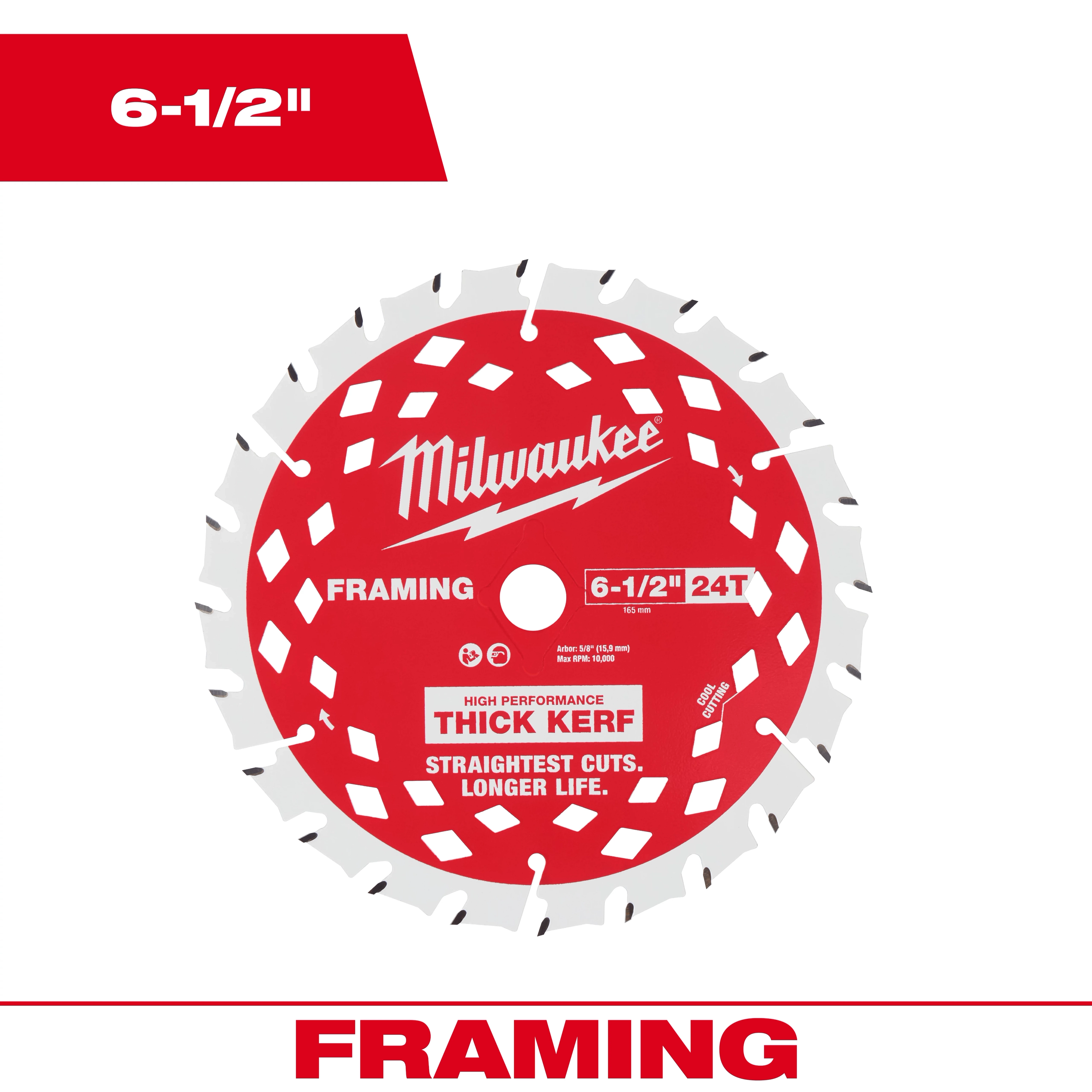 6-1/2” 24T Thick Kerf Framing Circular Saw Blade with labeled teeth and framing text on a plain background.