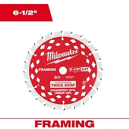 6-1/2” 24T Thick Kerf Framing Circular Saw Blade with labeled teeth and framing text on a plain background.