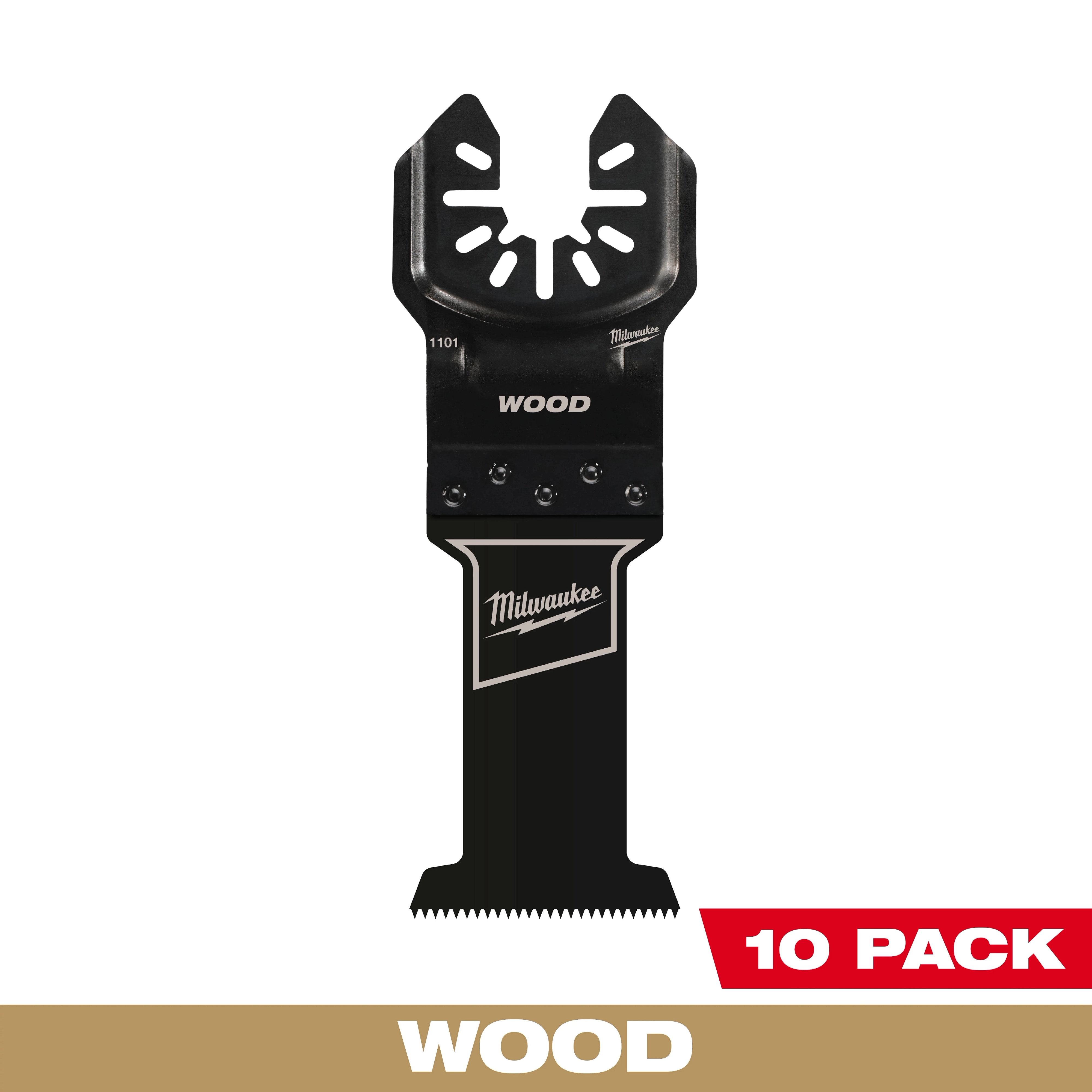 Milwaukee Open-Lok wood multi-tool blade 10PK. Black blade with a serrated edge and a silver logo. Text reads "WOOD" and "10 PACK".