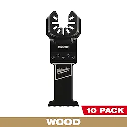 Milwaukee Open-Lok wood multi-tool blade 10PK. Black blade with a serrated edge and a silver logo. Text reads "WOOD" and "10 PACK".