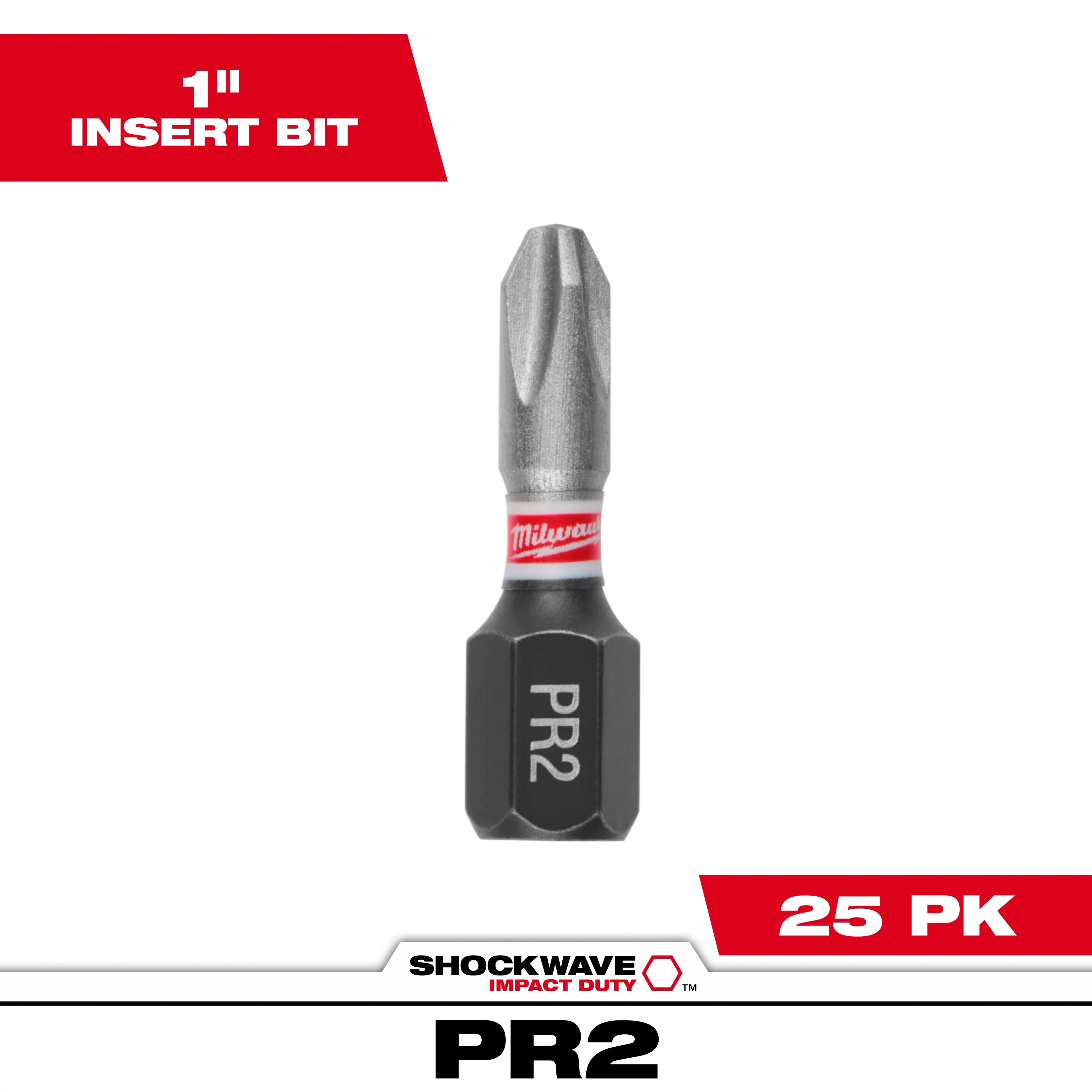 The image shows a SHOCKWAVE™ 1" Impact Duty ECX™ 2 Power Bit. The bit is labeled "PR2" and includes the Milwaukee brand logo. Packaging indicates it comes in a bulk pack of 25 pieces.