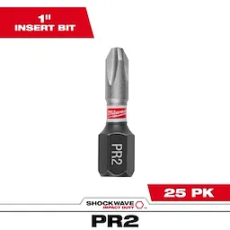 The image shows a SHOCKWAVE™ 1" Impact Duty ECX™ 2 Power Bit. The bit is labeled "PR2" and includes the Milwaukee brand logo. Packaging indicates it comes in a bulk pack of 25 pieces.