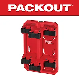 PACKOUT Long Handle Tool Rack in red with black adjustable holders designed for organizing long-handled tools on Milwaukee PACKOUT storage systems.