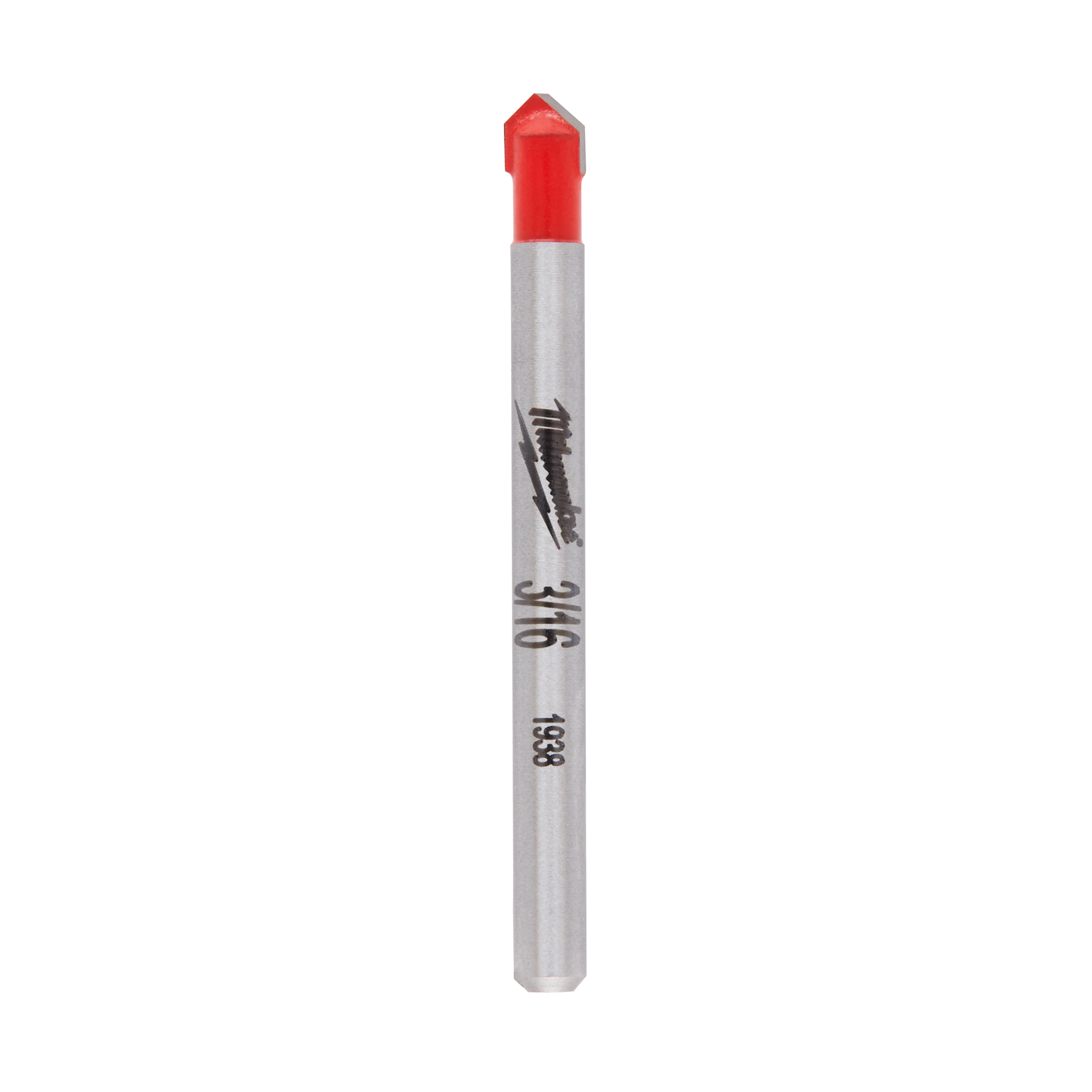 3/16" Glass and Tile Bit with a silver shaft and red-tipped carbide point. Suitable for drilling glass, tiles, and ceramics.