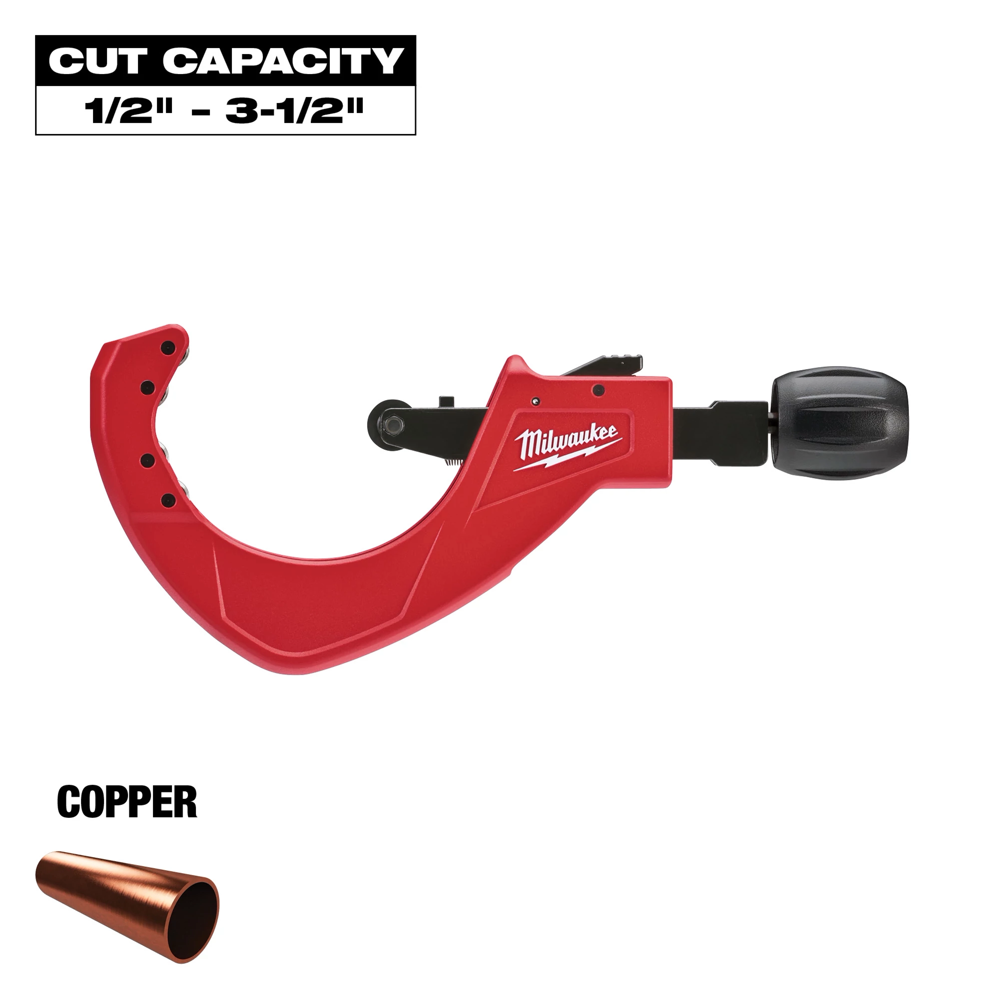 The Milwaukee copper pipe cutter in red with a black adjustment knob. It has a cut capacity range of 1/2 inch to 3-1/2 inches.