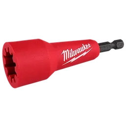 The image shows a Milwaukee Wire Nut Twister with a red plastic body and a black metal shaft. The Milwaukee logo is printed in white on the side. The tool is designed for twisting wire nuts easily.
