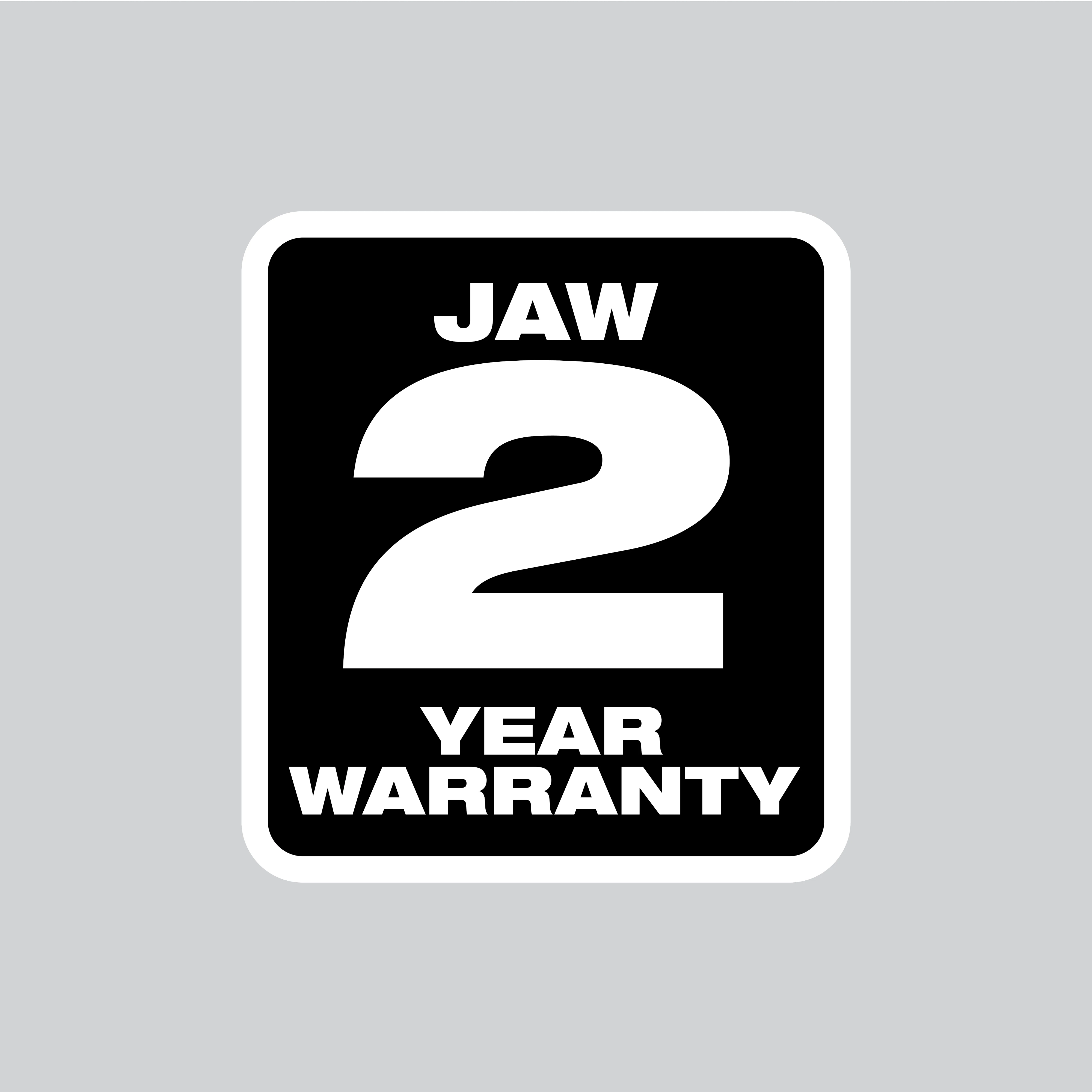 Black and white decal featuring the text "JAW 2 YEAR WARRANTY" in bold, white letters on a black background with a white border.