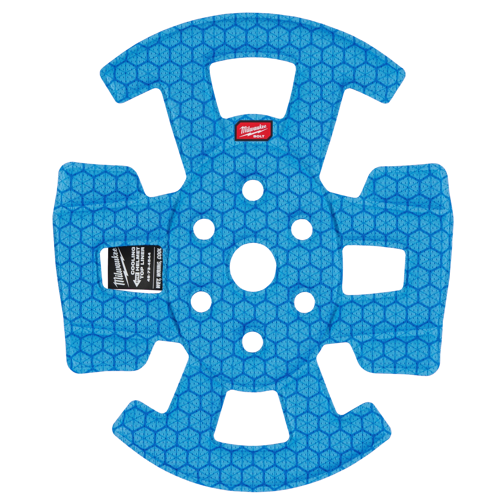 The BOLT™ Safety Helmet Cooling Liner is a blue, hexagon-patterned cooling accessory with central and peripheral cutouts for ventilation. It features branding labels and is designed to fit under a safety helmet for improved comfort.