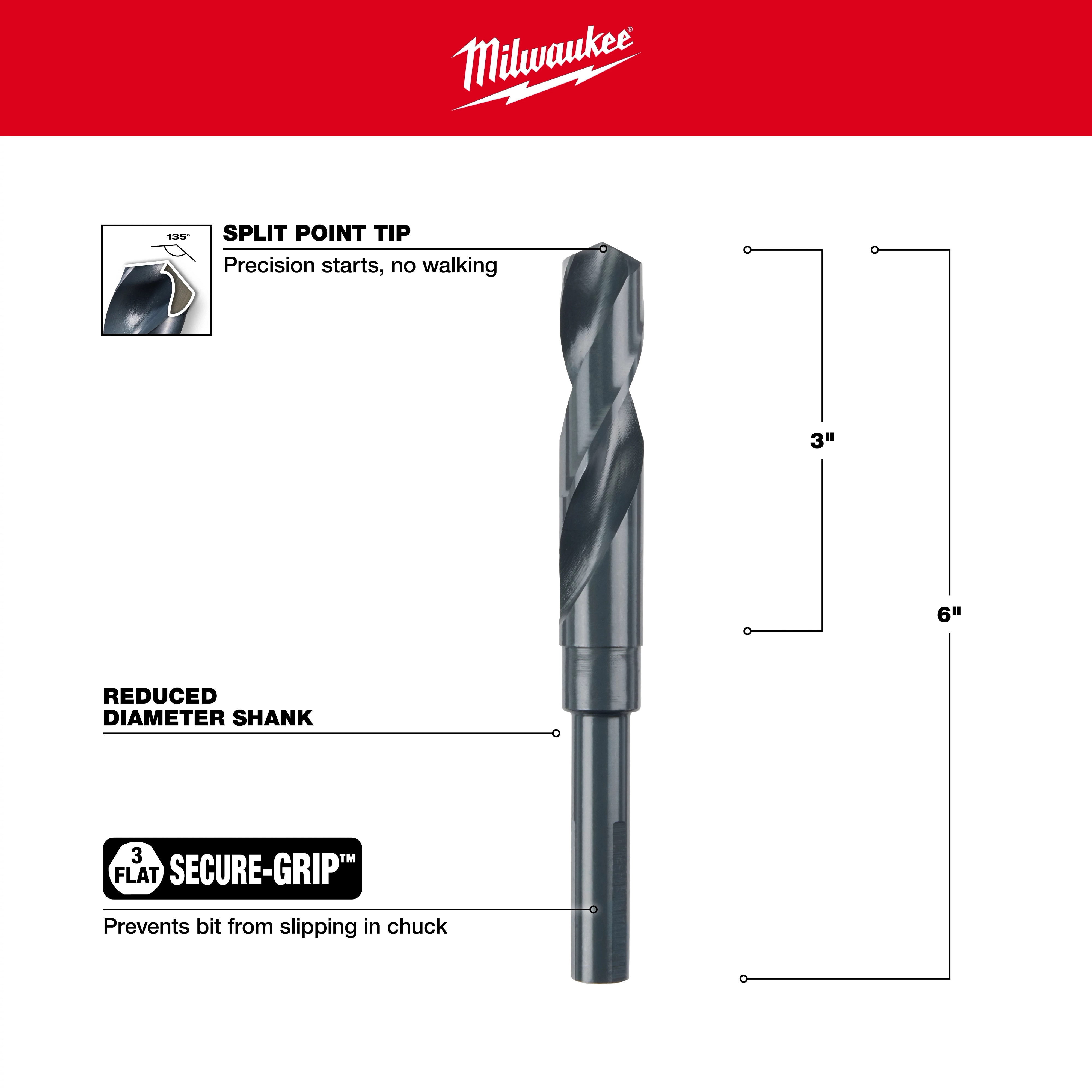 Milwaukee 48-89-2745 drill bit features a split point tip, reduced diameter shank, and is 6 inches in total length.