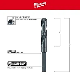 Milwaukee 48-89-2745 drill bit features a split point tip, reduced diameter shank, and is 6 inches in total length.