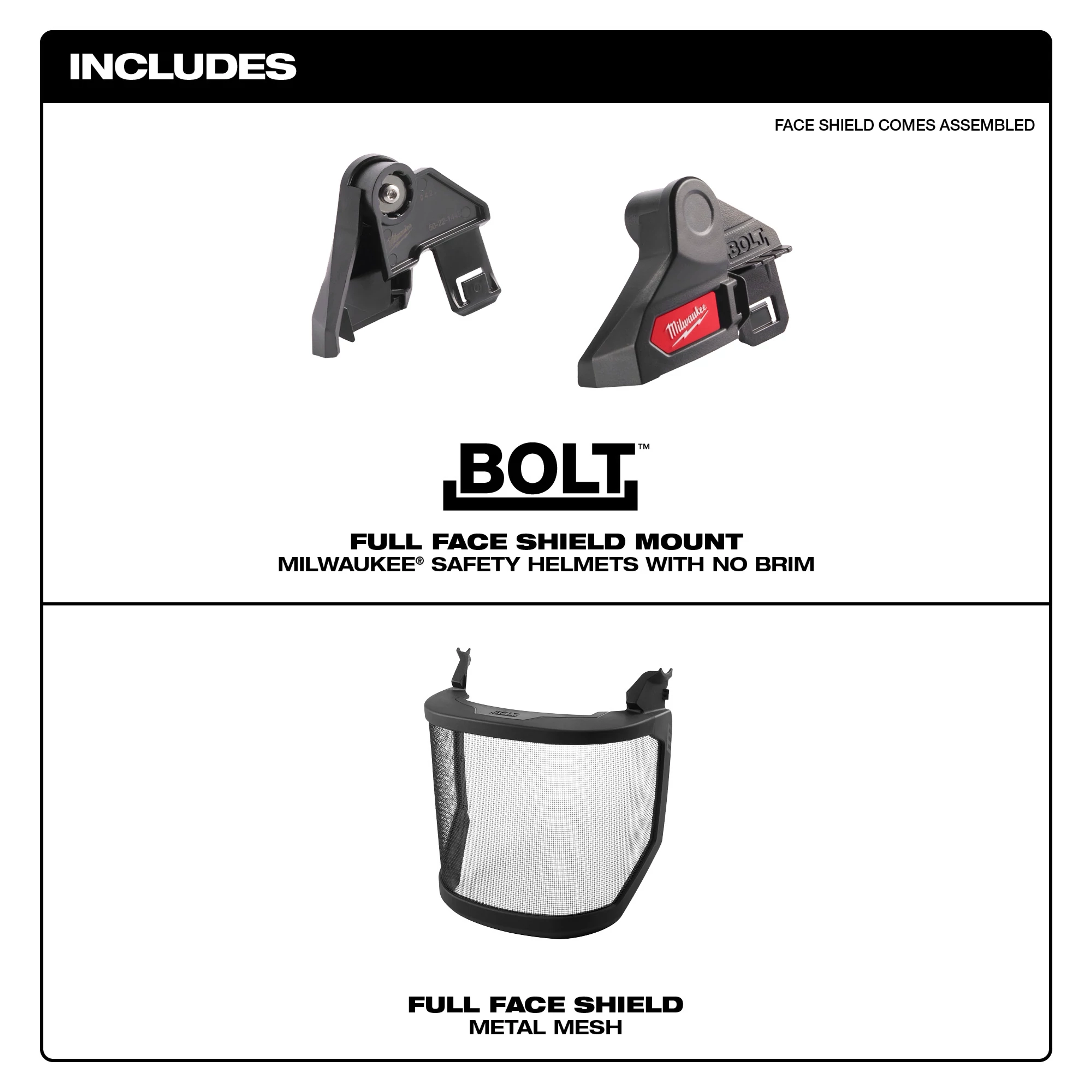 BOLT Full Face Shield - Metal Mesh (No-Brim Helmet) includes a face shield mount and a metal mesh full face shield.