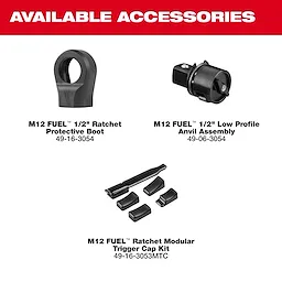 The image features accessories for the M12 FUEL™ 1/2" Ratchet, including a Protective Boot, Low Profile Anvil Assembly, and Ratchet Modular Trigger Cap Kit. Each accessory has a corresponding part number beneath it.