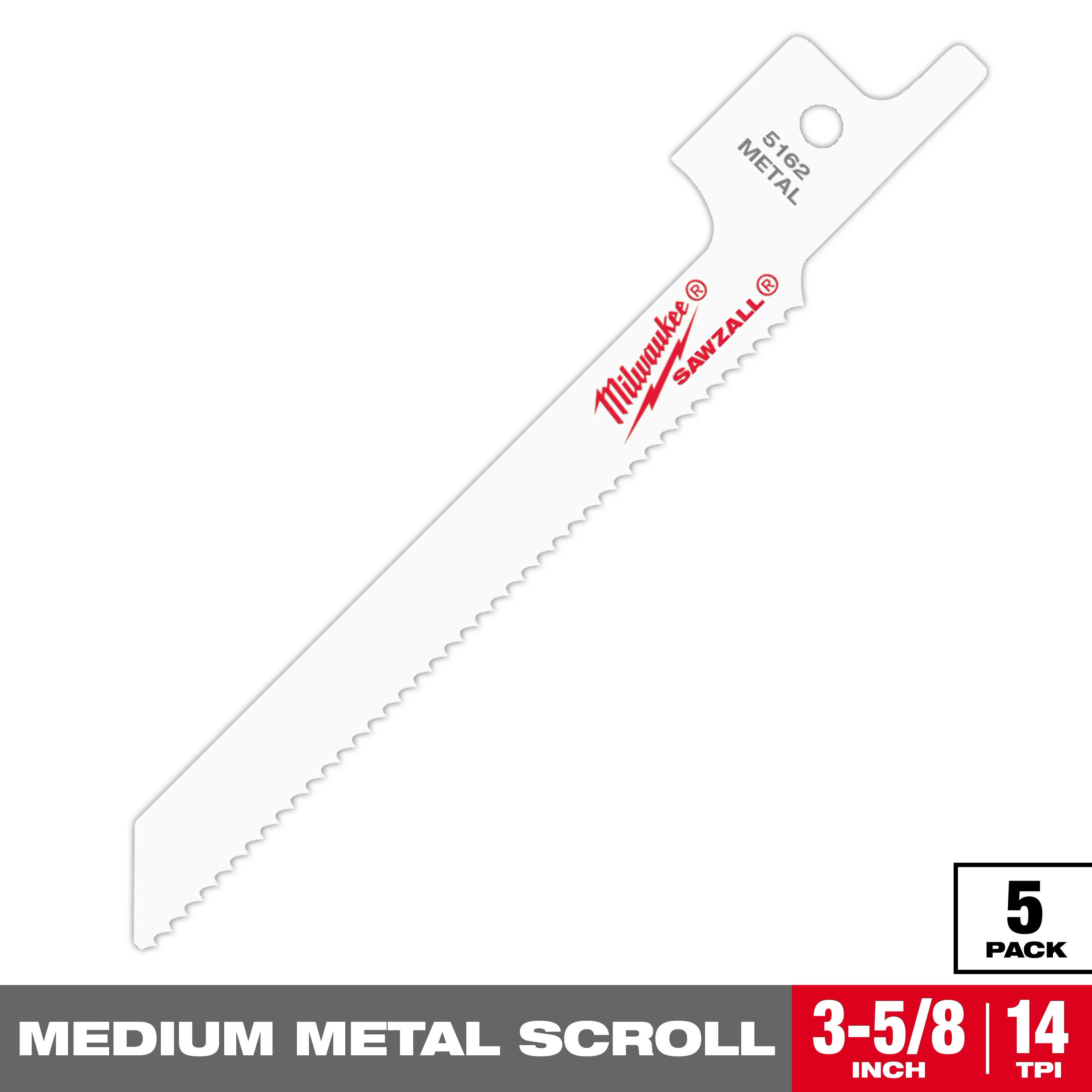 Milwaukee Sawzall blade for cutting medium metal. The white blade measures 3-5/8 inches with 14 teeth per inch (TPI). The package includes five blades.