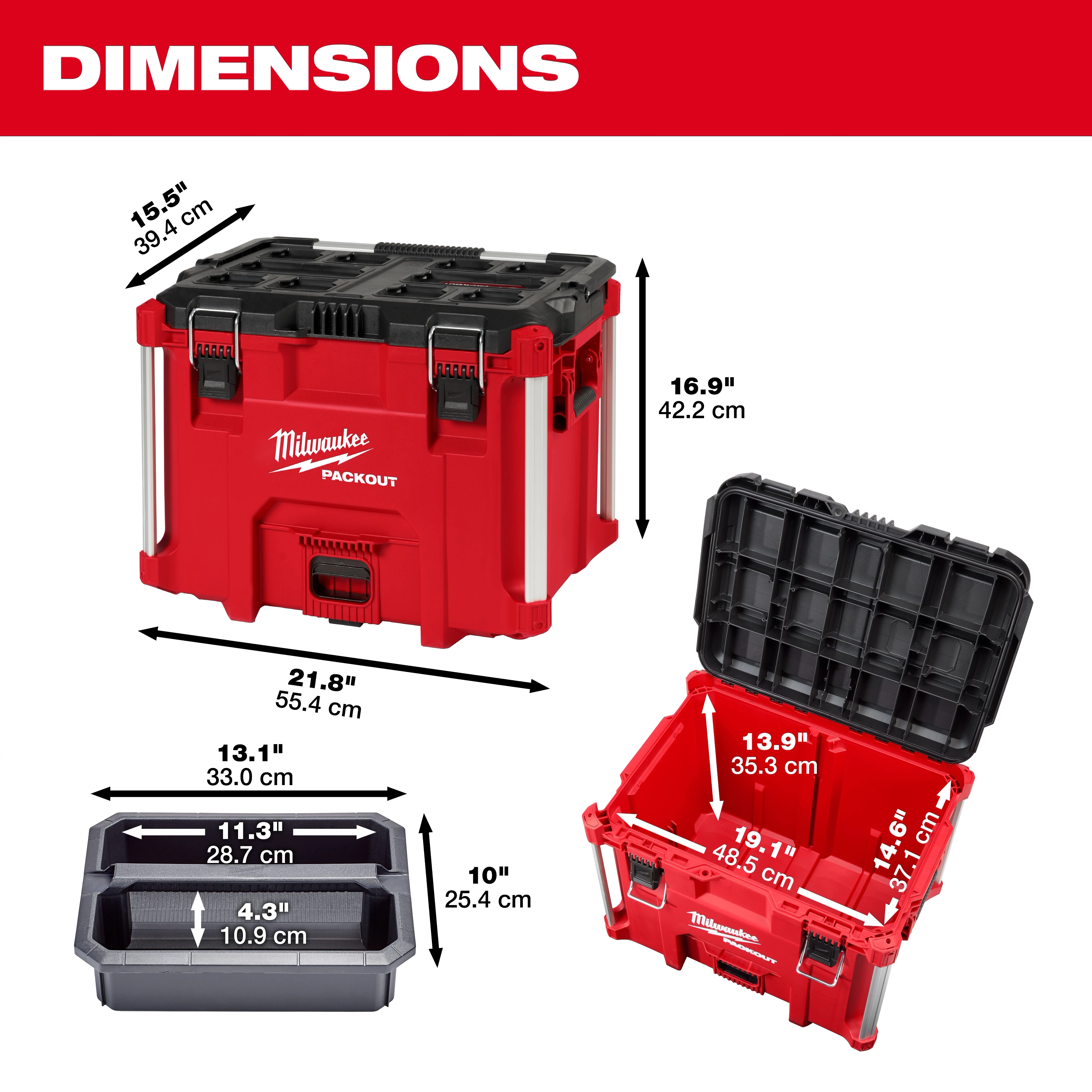 PACKOUT XL Tool Box in red, featuring internal tray with dimensions. External dimensions: 21.8"x 16.9"x 15.5".