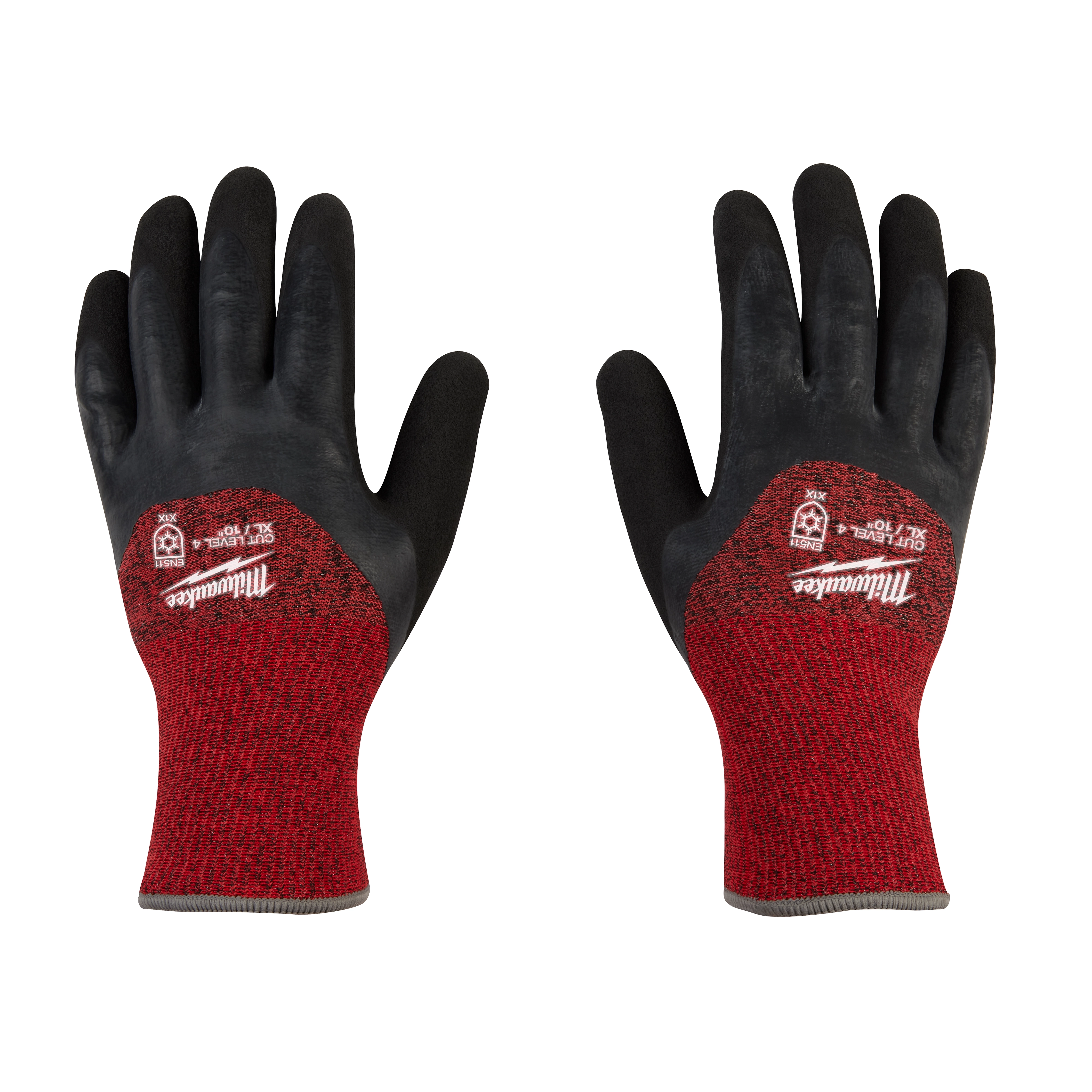 Cut Level 4 Winter Dipped Gloves - XL featuring red knit cuffs and black dipped palms and fingers, displayed front and back.