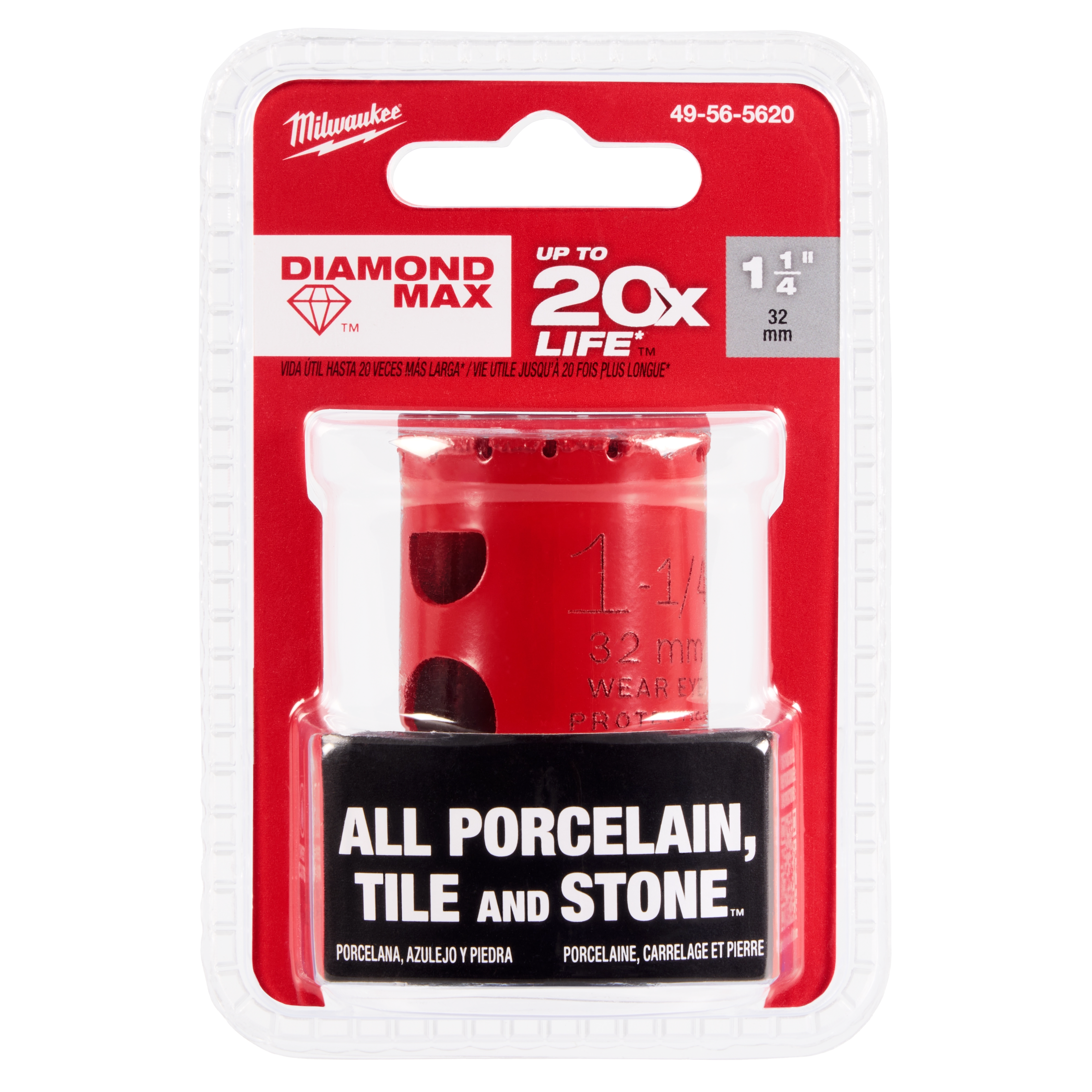 Milwaukee 1-1/4" Diamond Max Hole Saw in packaging. The red hole saw is designed for drilling in porcelain, tile, and stone.