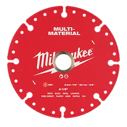 A red 4.5” Multi-Material Diamond Blade by Milwaukee. The blade is labeled for cutting various materials including brick, block, metal, laminate, fiber cement, plastic, wood, ductile, and tile. It is marked as dry use with arbor sizes of 7/8”, 20 mm, and 5/8".