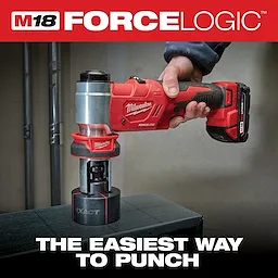 The Milwaukee M18 FORCELOGIC tool is held by a user, positioned above a metal surface, demonstrating its punching capability. The image features bold text stating "THE EASIEST WAY TO PUNCH" and showcases the tool’s efficient performance in an industrial setting.