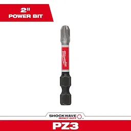 The image shows the Milwaukee Shockwave Impact Duty PZ3 Power Bit. The bit is 2 inches long and features Milwaukee's red and white branding in the center. It is designed for heavy-duty impact use.