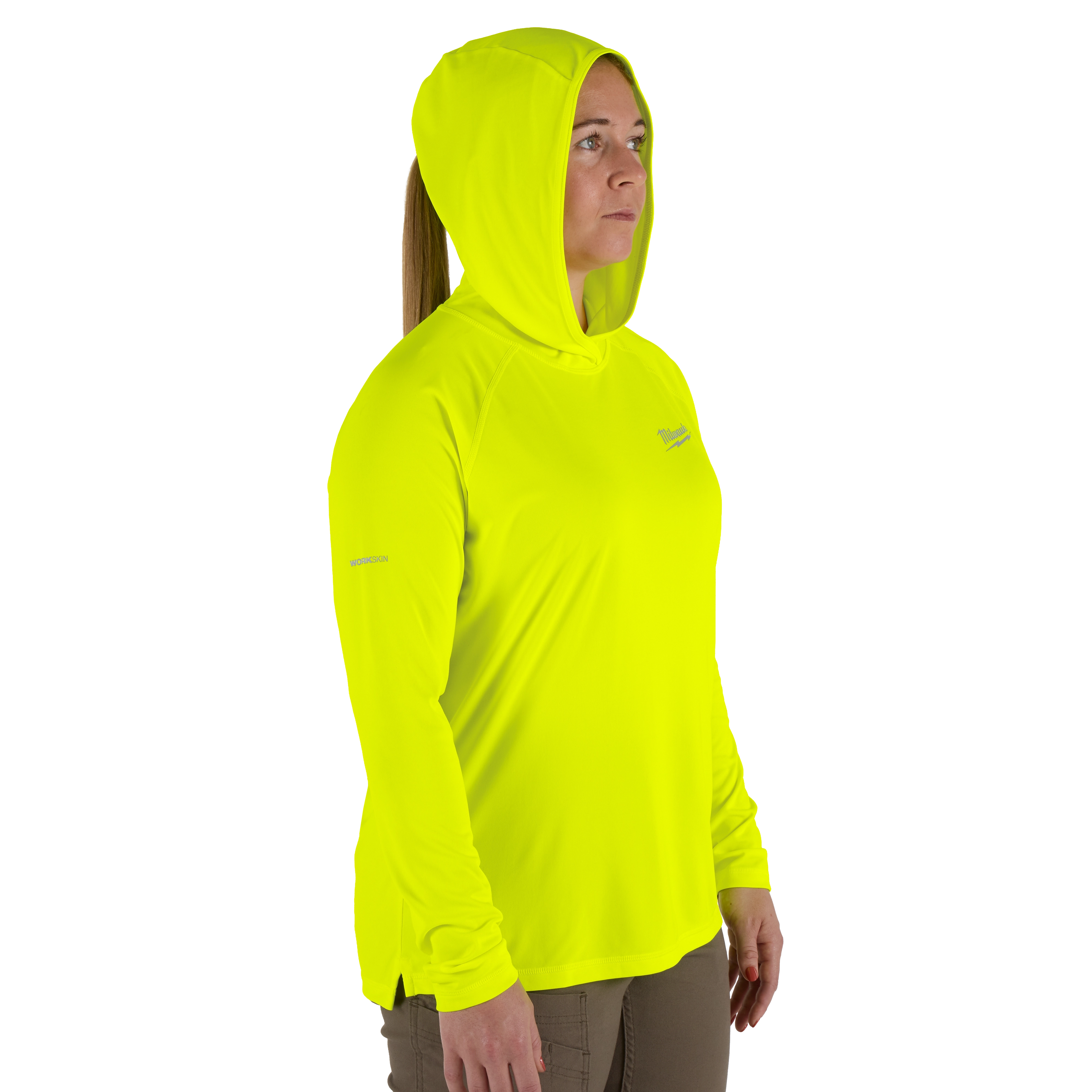 The Women's WORKSKIN Hooded Sun Shirt – Yellow features a bright yellow long-sleeve design with a hood, providing sun protection for outdoor work. The shirt includes moisture-wicking technology and offers a comfortable fit for women.