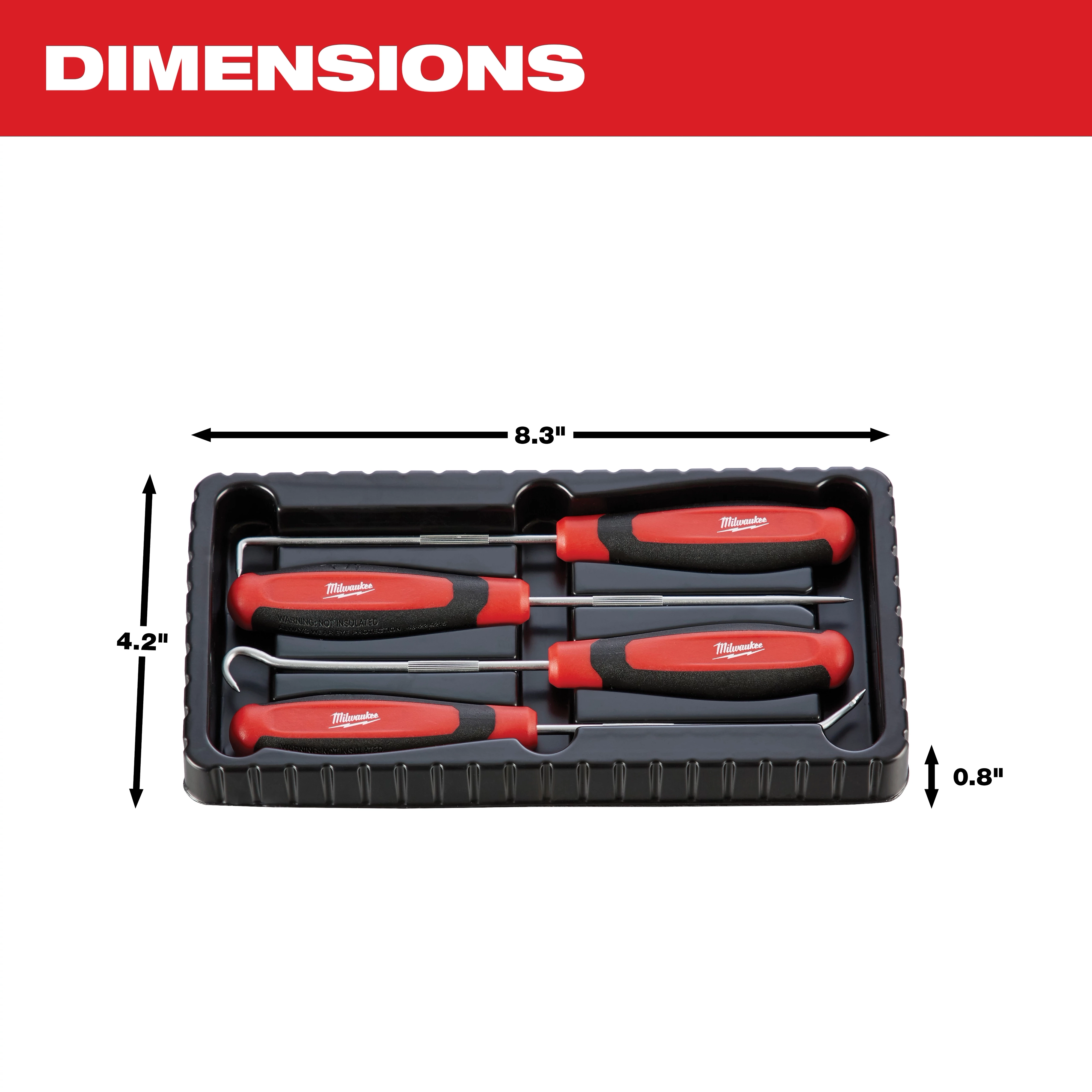 The image shows a set of four Milwaukee offset screwdrivers in a plastic tray. The tray's dimensions are labeled as 8.3 inches in width, 4.2 inches in height, and 0.8 inches in depth. The background features a red header with the text "DIMENSIONS."