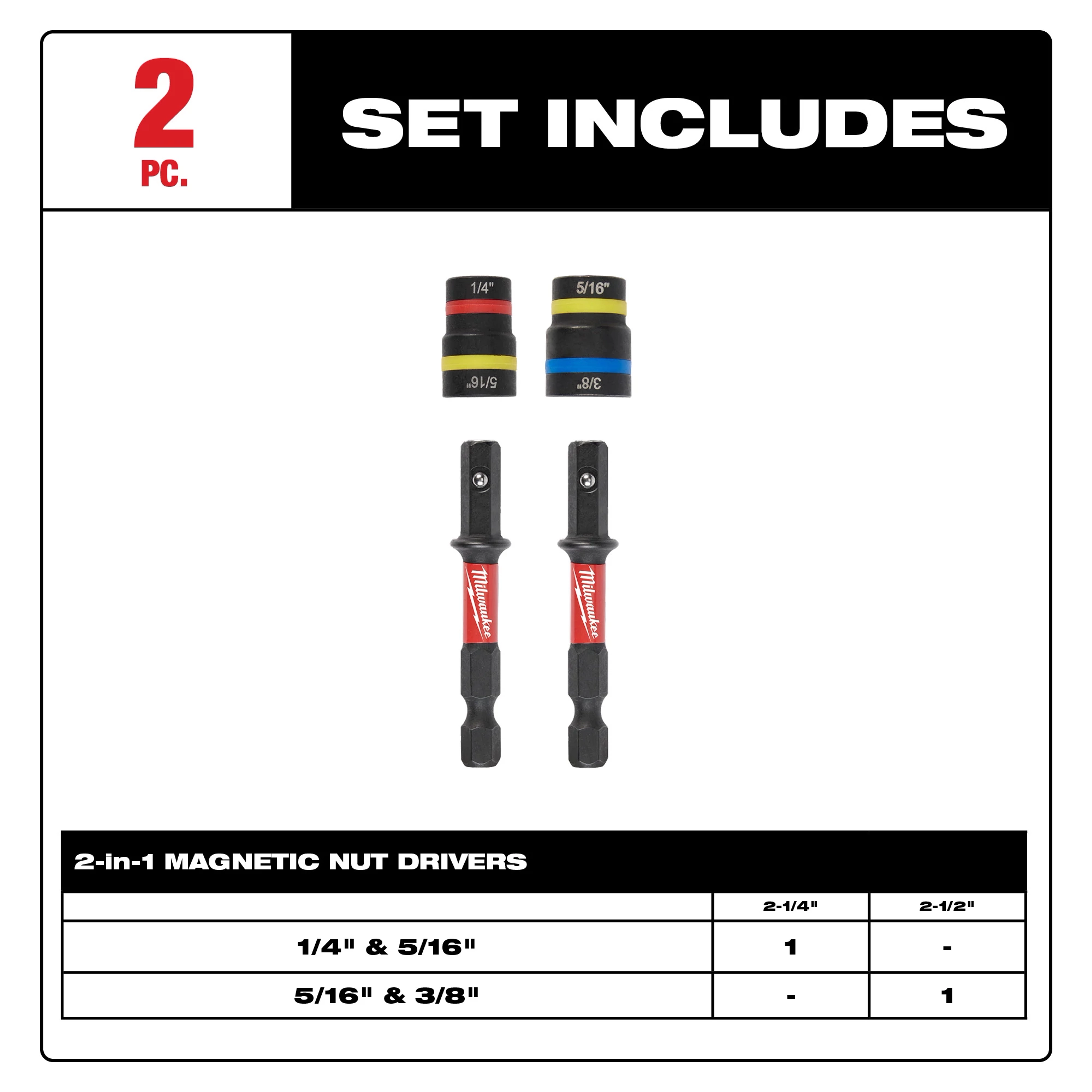 SHOCKWAVE Impact Duty QUIK-CLEAR 2-in-1 Magnetic Nut Driver Set 2 PC includes interchangeable heads for 1/4", 5/16", 3/8", and more.