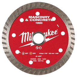 A 4-1/2" Turbo Masonry & Concrete Diamond Blade with a red center labeled "Milwaukee." The blade includes details about compatibility with concrete, brick, block, stone, and roof tile, and indicates it can be used wet or dry. Several cooling holes are present around the blade.