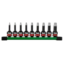 9PC SHOCKWAVE Impact Duty 3/8" Drive 2" Torx Bit Socket Set arranged on a green rail with labeled sizes.