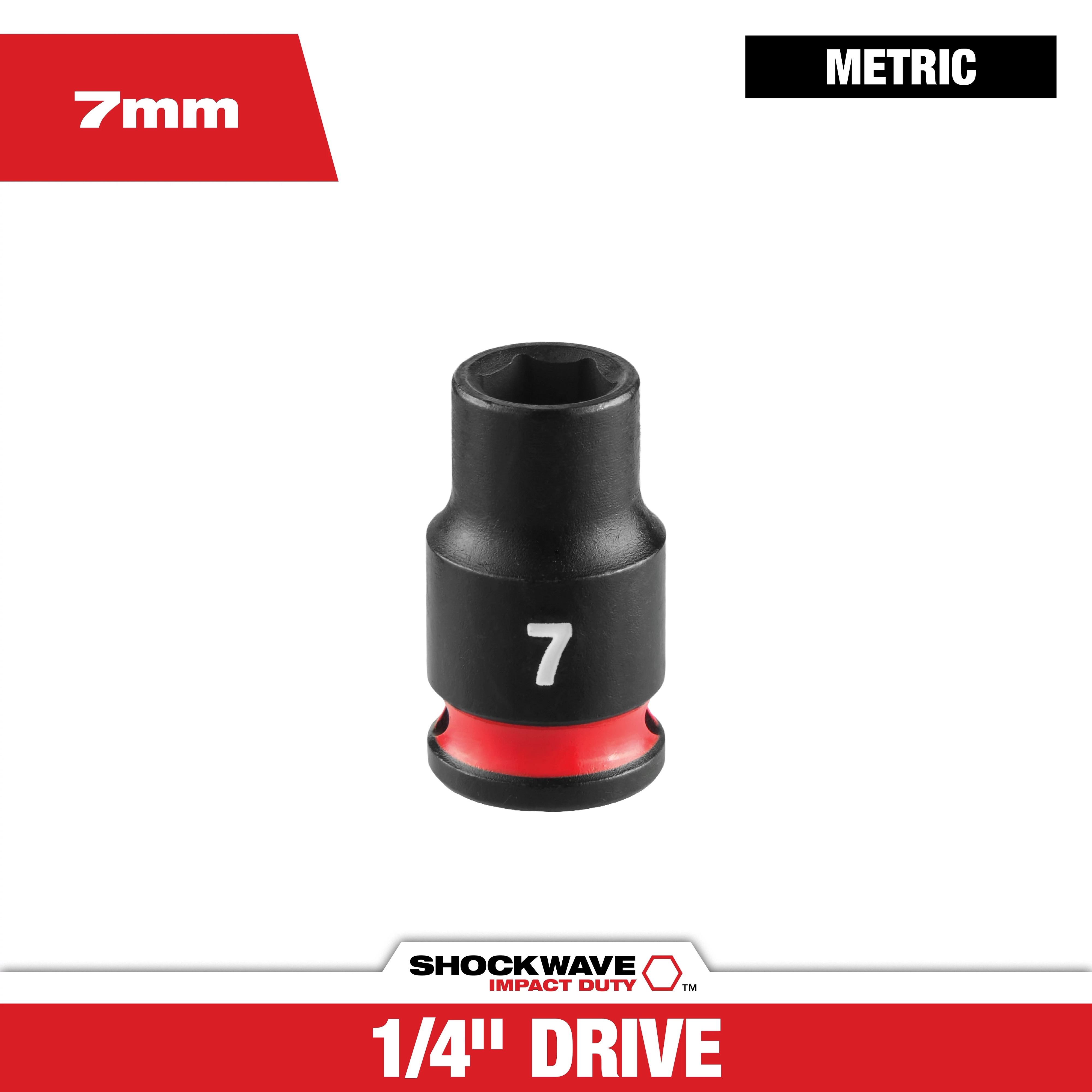 SHOCKWAVE Impact Duty 1/4" Drive 7MM Standard 6 Point Socket standing upright with a red band near the base.