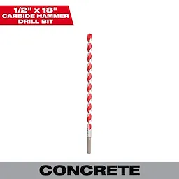 1/2 in. x 16 in. x 18 in. Carbide Hammer Drill Bit for Concrete, Stone, Masonry Drilling with a red spiral design and metal tip.