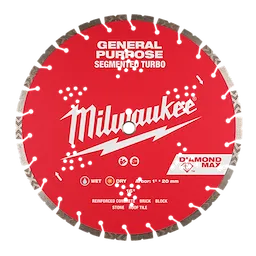A red circular saw blade labeled "Milwaukee" and "General Purpose Segmented Turbo." It features slots and a segmented cutting edge. The blade is marked for use on reinforced concrete, brick, block, stone, and roof tile. Icons indicate it can be used wet or dry. Arbor size is 1"  20 mm.