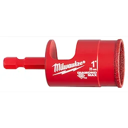 Red 1" Diamond Grit Hole Saw with a hex shank and side cutouts, used for drilling holes with a diamond-coated cutting edge.