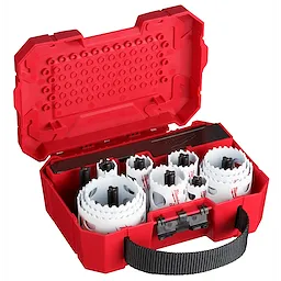 The 16PC HOLE DOZER KIT includes white hole saws in various sizes, neatly arranged inside a durable red carrying case with handle.