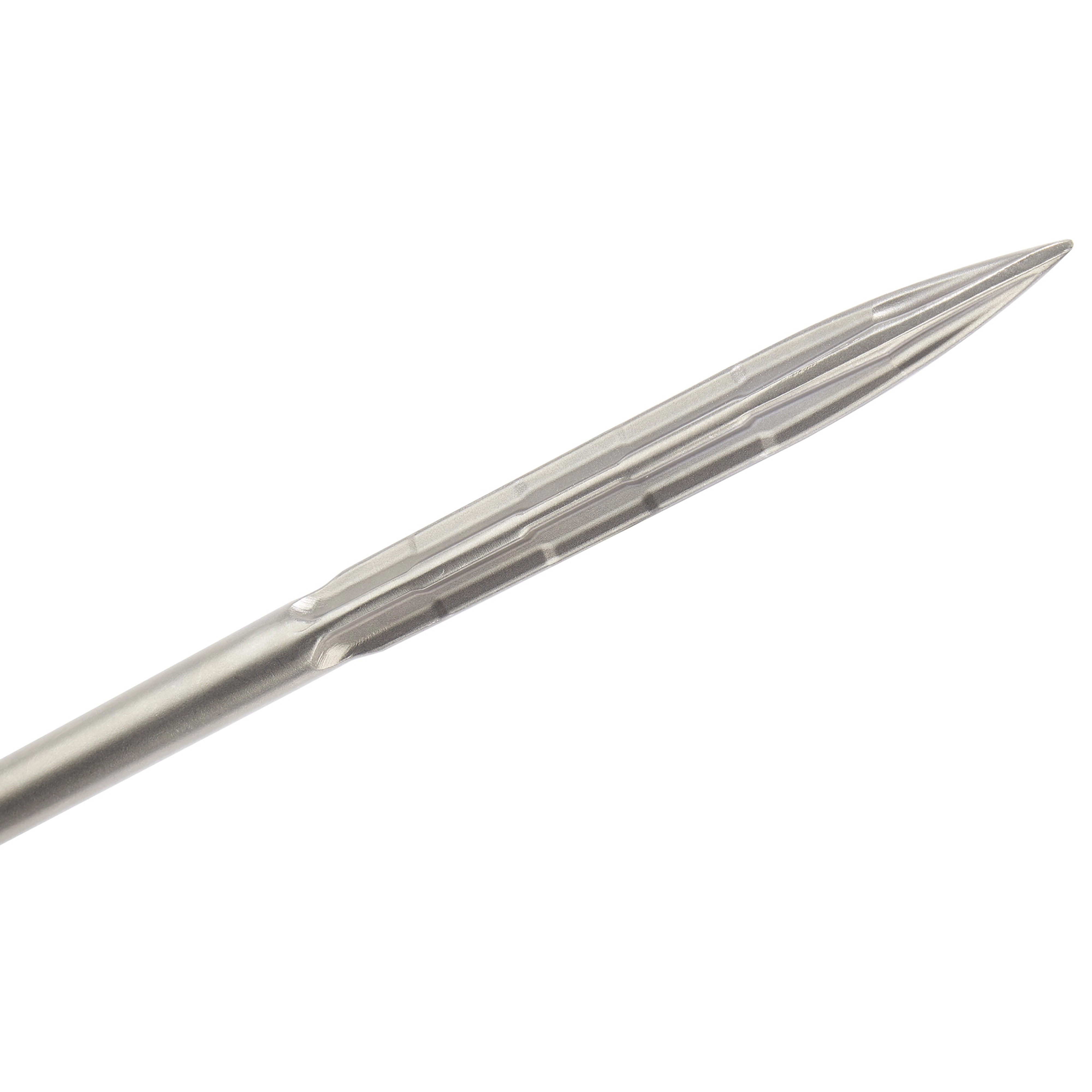 SDS-MAX 16" Bull Point chisel featuring a tapered, pointed tip and fluted sides designed for precision breaking and general demolition tasks.