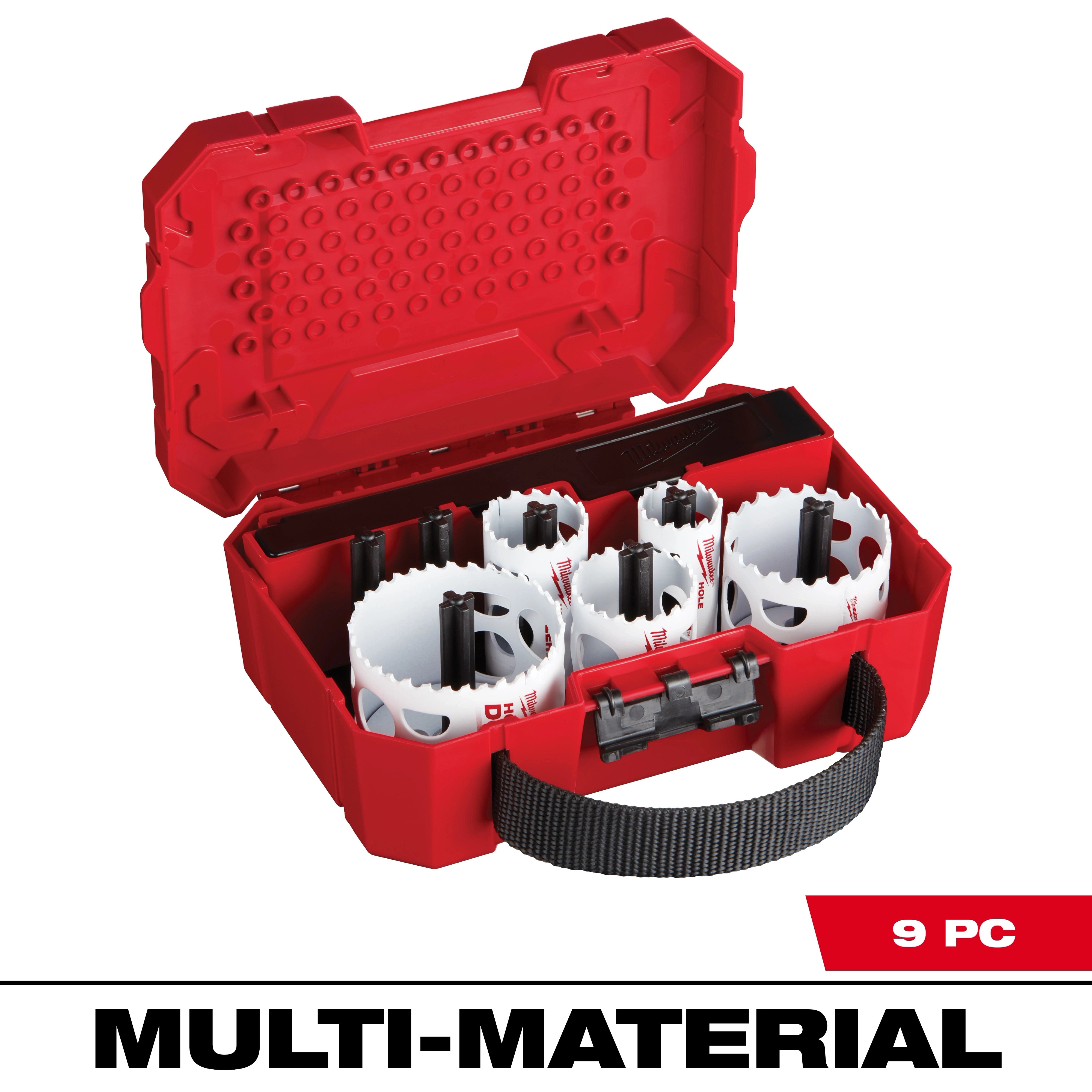 Red HOLE DOZER Large Diameter Hole Saw Kit with nine pieces, including seven white hole saws and two black mandrels, in a red case.