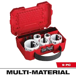Red HOLE DOZER Large Diameter Hole Saw Kit with nine pieces, including seven white hole saws and two black mandrels, in a red case.