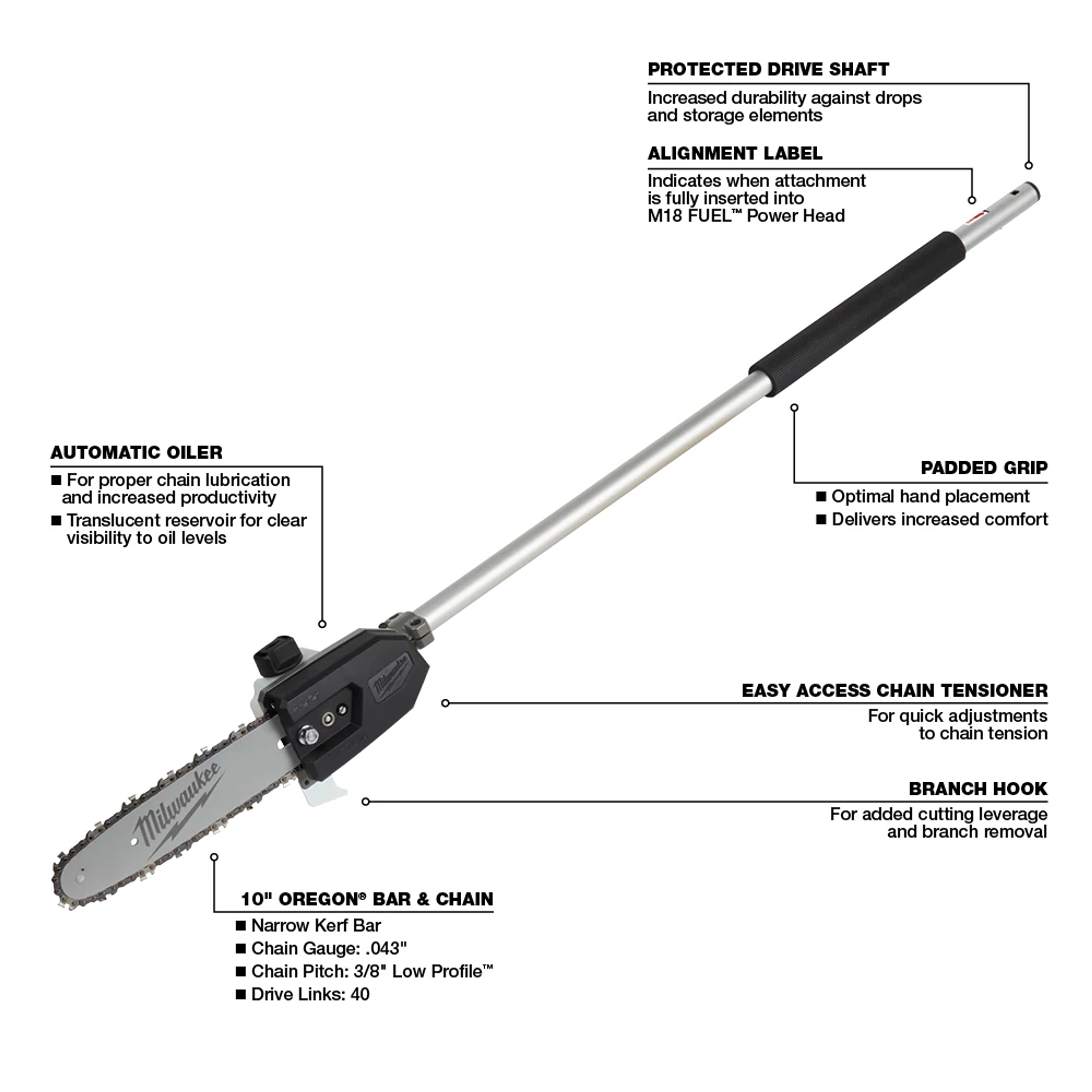 M18 FUEL QUIK-LOK 10" Pole Saw Attachment with a 10" bar and chain, automatic oiler, padded grip, alignment label, and branch hook.