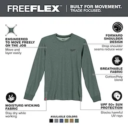 FREEFLEX Hybrid Work Tee - Long Sleeve is a green shirt with moisture-wicking fabric, breathable cotton/poly blend, UPF 50+ sun protection, forward shoulder design, and available in several colors.