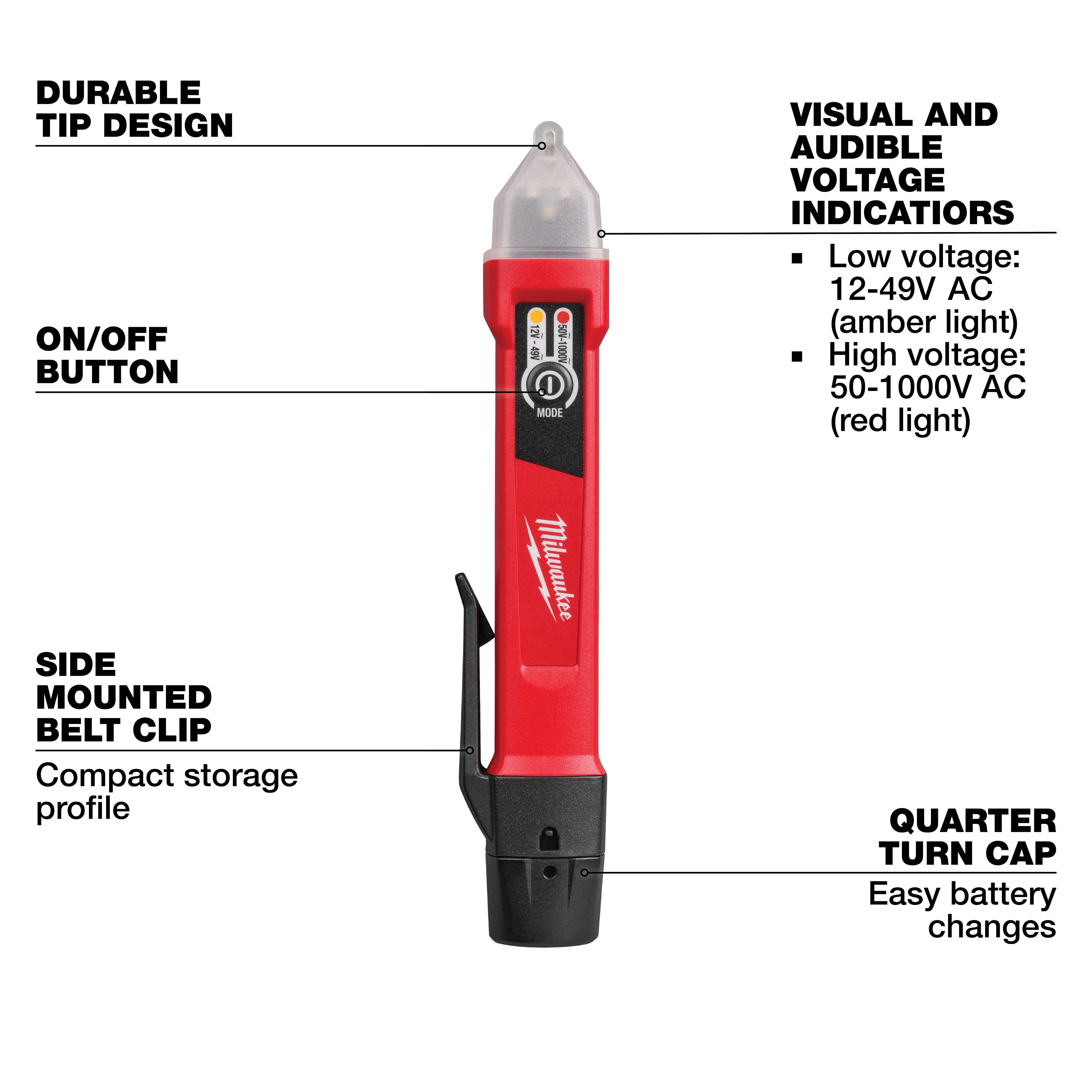 Dual Range Voltage Detector with durable tip, visual and audible voltage indicators, on/off button, side belt clip, and quarter-turn cap.