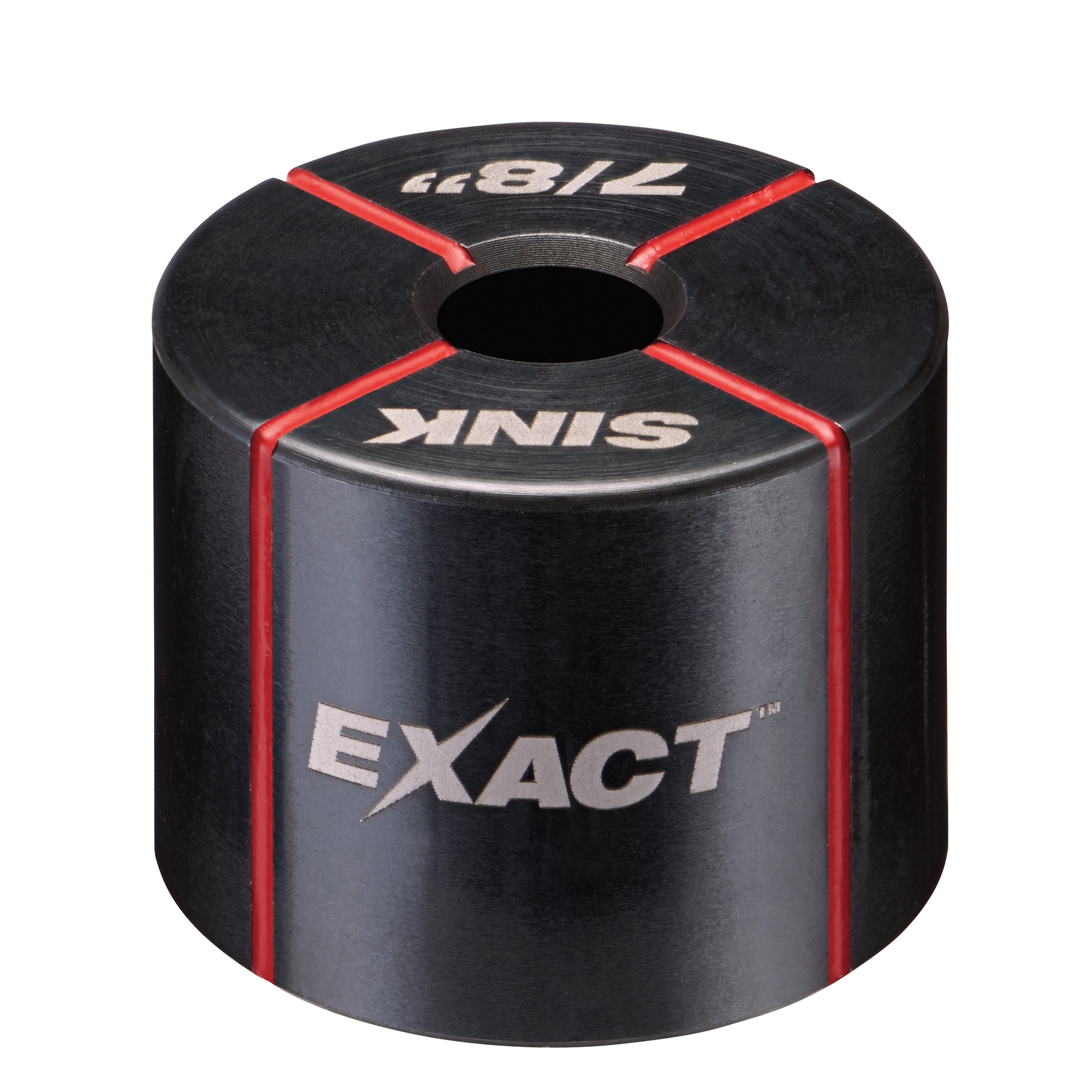 Black Exact™ 7/8" Sink Die with red grooves and silver text. It has a hole in the center and is cylindrical in shape. Suitable for professional use.