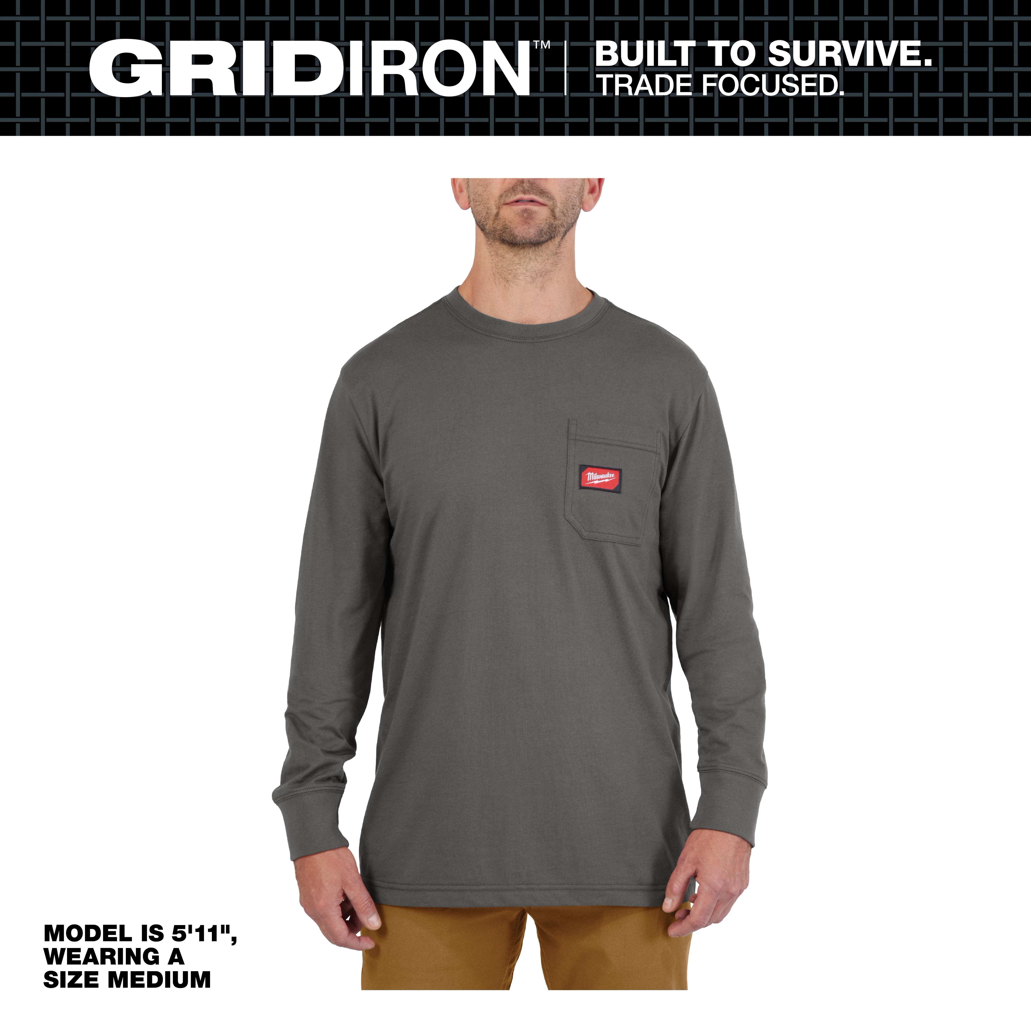 GRIDIRON Pocket T-Shirt - Long Sleeve in gray, modeled by a person wearing size medium, featuring a chest pocket and brand logo.