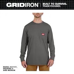 GRIDIRON Pocket T-Shirt - Long Sleeve in gray, modeled by a person wearing size medium, featuring a chest pocket and brand logo.