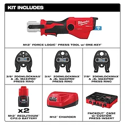 M12 FORCE LOGIC PRESS TOOL KIT w/ ONE KEY with 3/8", 3/4", 7/8" ZoomLock MAX & >B< MaxiPro press jaws, batteries, charger, case.