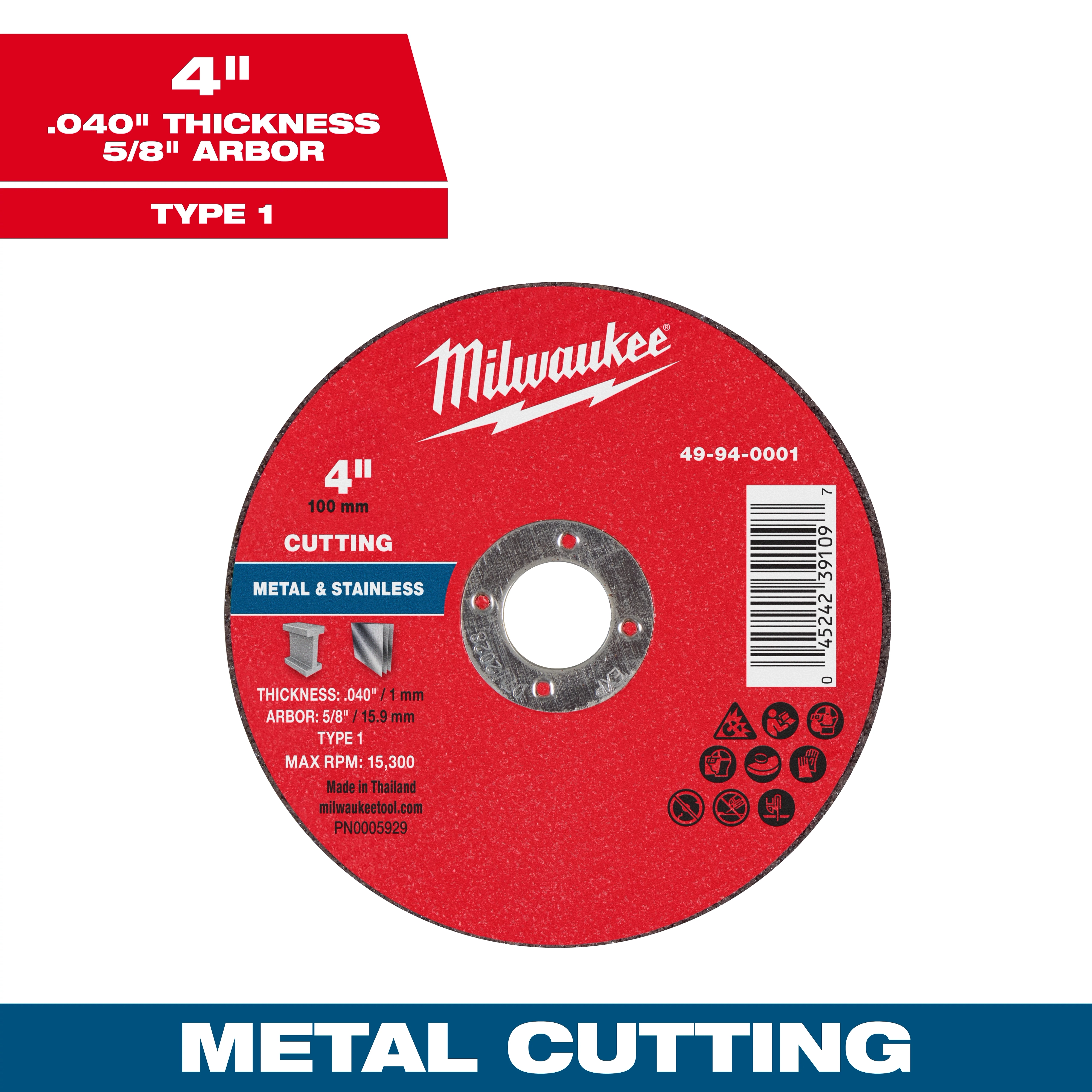 4" x .040" x 5/8" Metal Cut Off Wheel - Type 1. Red disc with silver center, labeled for cutting metal and stainless steel.