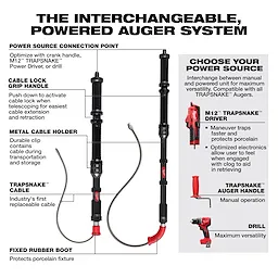 M12 TRAPSNAKE 6’ Toilet Auger & 4’ Urinal Auger Kit features an interchangeable powered auger system, cable lock grip handle, and metal cable holder.