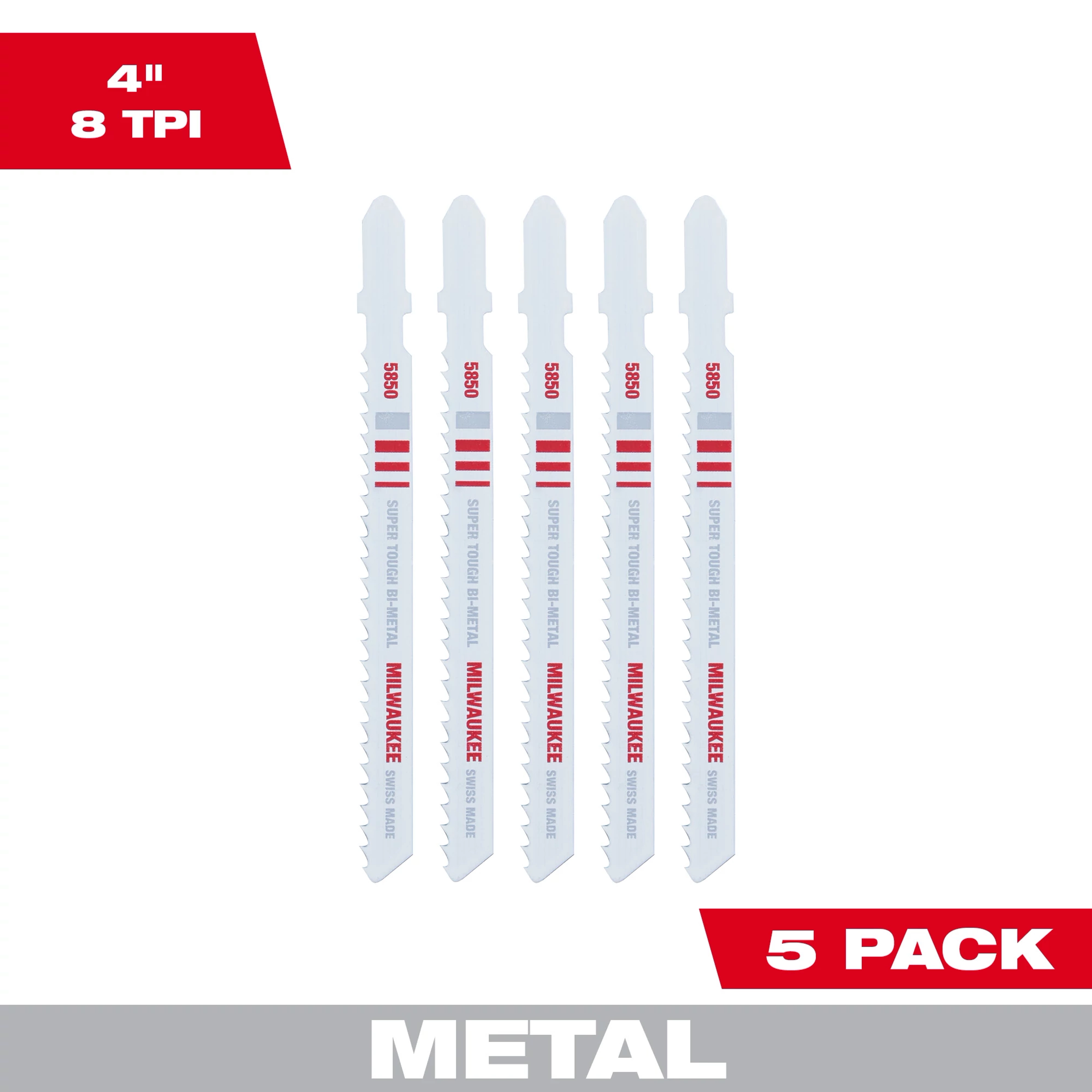 4" 8TPI T-Shank Metal Cutting Bi-Metal Jig Saw Blades 5PK, with five white saw blades featuring red and gray markings.